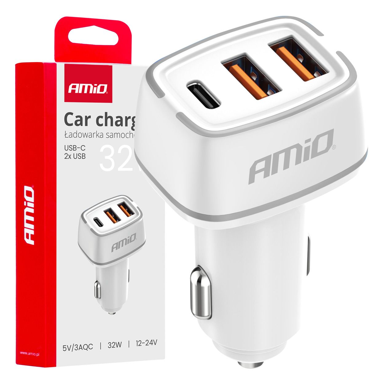 Полнач за телефон за во кола 32W 2xUSB-C AMIO-03890