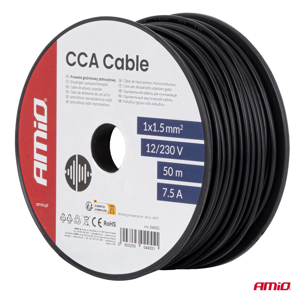 Кабел CCa 1x1.5mm2 50m 3.75A 12/230V black AMIO-04455